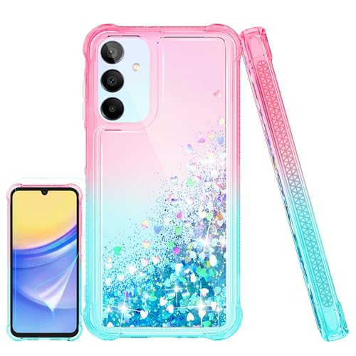 Kompatibel mit Samsung Galaxy A15 5G Hülle,(Unzerstörbar Stoßfestigkeit) Handyhülle Transparent Flüssigkeit Glitzer Silikon TPU Mädchenhaft Frau Handyhülle, Hülle für Samsung A15 5G,Rosa/Blaugrün von Pilaru