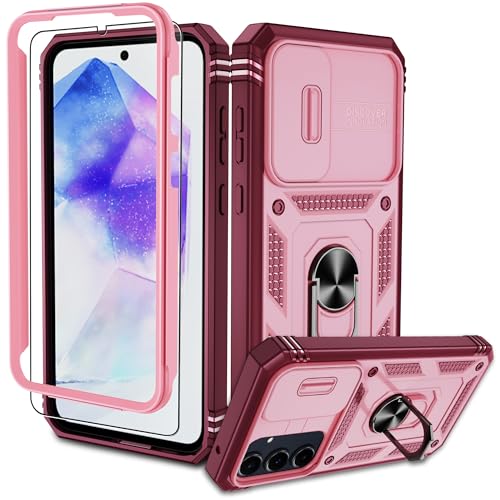 Pilaru Samsung Galaxy A55 Hülle, A55 5G Kameraschutz Handyhülle mit 1 Stück Schutzfolie, 360° Drehhalter Ring Schutzhülle Militär Stoßfest Kratzfest Outdoor Handy Hüllen für Samsung A55-Rosa von Pilaru