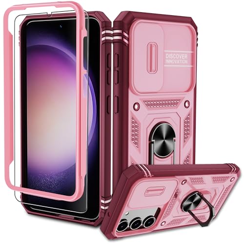 Pilaru Samsung Galaxy S23 Hülle, S23 Kameraschutz Handyhülle mit 1 Stück Schutzfolie, 360° Drehhalter Ring Schutzhülle Militär Stoßfest Kratzfest Outdoor Handy Hüllen für Samsung S23-Rosa von Pilaru