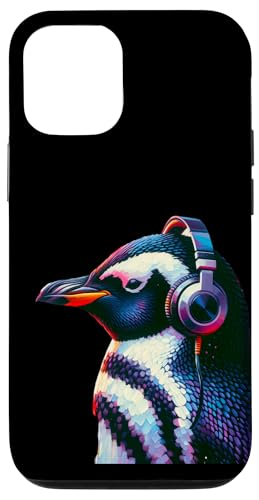 Hülle für iPhone 12/12 Pro Pinguin mit Kopfhörer, buntes Tiermotiv, Pinguin von Pinguin-Porträt, musikalischer Pinguin