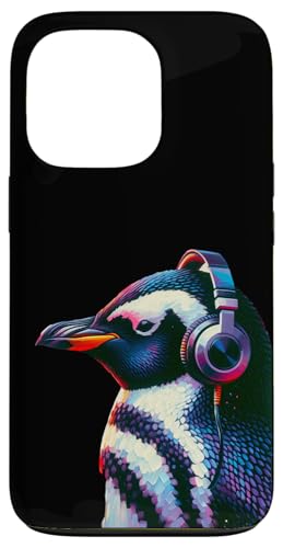 Hülle für iPhone 13 Pro Pinguin mit Kopfhörer, buntes Tiermotiv, Pinguin von Pinguin-Porträt, musikalischer Pinguin