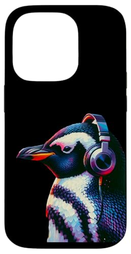 Hülle für iPhone 14 Pro Pinguin mit Kopfhörer, buntes Tiermotiv, Pinguin von Pinguin-Porträt, musikalischer Pinguin