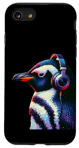 Hülle für iPhone SE (2020) / 7 / 8 Pinguin mit Kopfhörer, buntes Tiermotiv, Pinguin von Pinguin-Porträt, musikalischer Pinguin