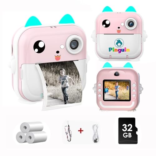 Kinderkamera Digitalkamera Sofortbildkamera Kinder Kameras Fotokamera Sofortdruck Einwegkamera 1080P 2.4 Zoll Bildschirm Videokamera Schwarzweiß mit 32GB Karte, Geschenk für Mädchen 3-14 Jahren von Pinguin