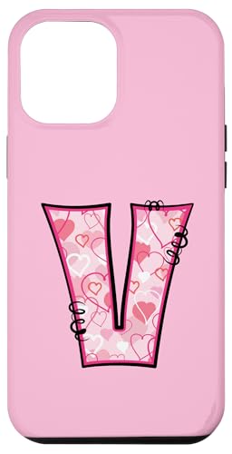 Hülle für iPhone 15 Pro Max Buchstabe V rosa Initiale Monogramm Herzen Girly von Pink Name Initial Monogram Designs