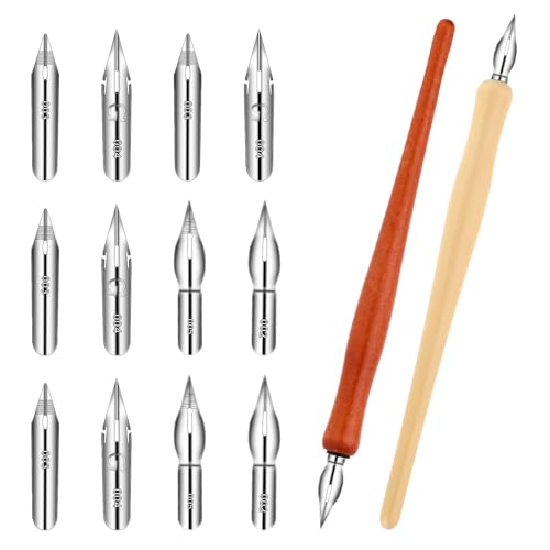 Piriuuo 14 Stück Kalligraphie Stift Set, Federhalter Holz Tusche Federhalter mit 2 Federhalter 12 Federn Comic Stiftspitzen Set Kalligraphie-Pen-Federn Kalligraphie Stift Set zum Schreiben, Malen von Piriuuo