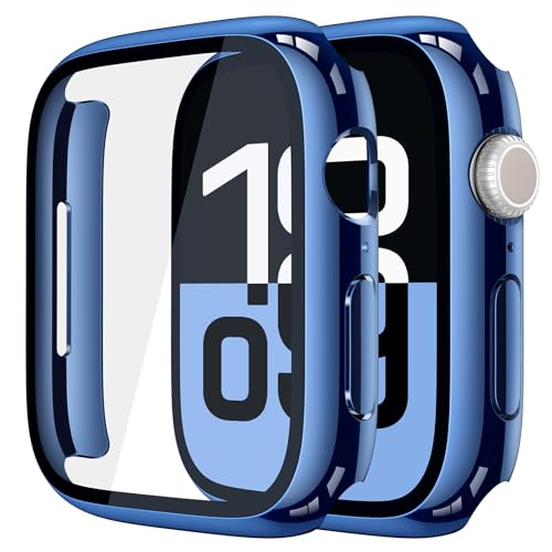 Piuellia 2 x harte Schutzhülle, Displayschutzfolie, kompatibel mit Apple Watch Serie 10 (2024), 46 mm, Anti-Drop, ultradünn, vollständige Abdeckung, PC-Abdeckung für iWatch, 1 Blau + 1 Transparent von Piuellia