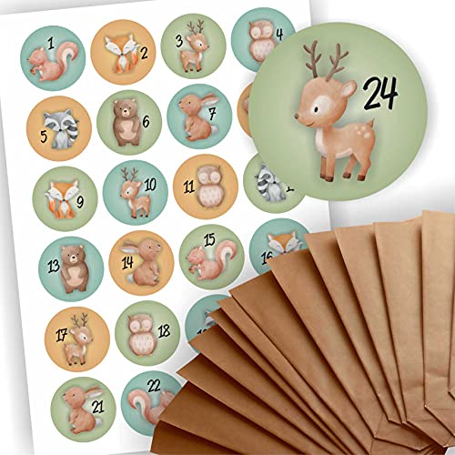 Adventskalender zum Befüllen 24 braune Geschenktüten Kraftpapiertüten + 24 weihnachtliche Aufkleber Waldtiere Woodland Papiertüte DIY von Play-Too