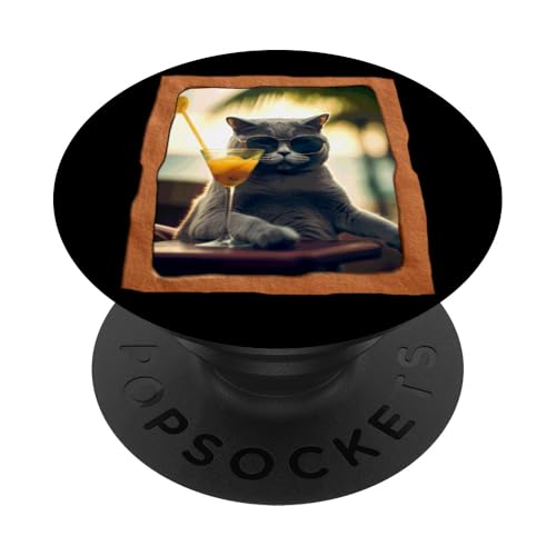 Coole Katze genießt einen tropischen Cocktail PopSockets Klebender PopGrip von Playful Summer Vibes Pet Relaxation Beach Life