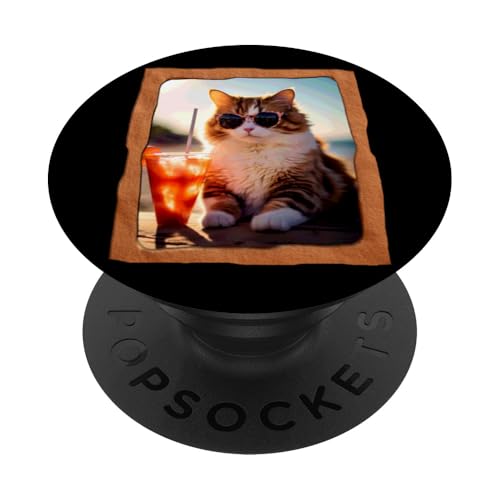 Coole Katze mit Sonnenbrille genießt Eisgetränk PopSockets Klebender PopGrip von Playful Summer Vibes Pet Relaxation Beach Life