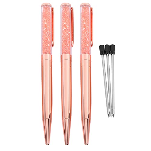 Plookyoe Rose Gold Stift Bling Kristall Kugelschreiber Schwarzer Tintenstift mit 3 Zusaetzlichen Minen (Rose Gold 3 Pack) von Plookyoe