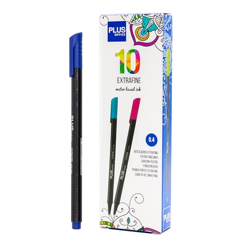 Plus Office 10 Filzstifte mit feiner Spitze, 0,4 mm, ideal zum Schreiben, Malen und Zeichnen, Schulstifte mit feiner Spitze, bunte Tinte auf Wasserbasis (blau) von Plus Office