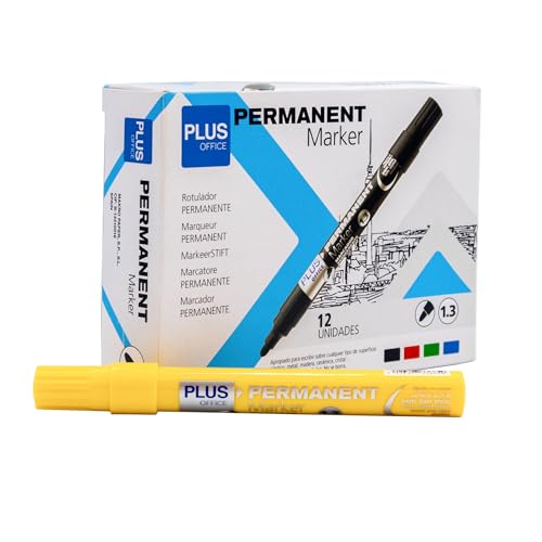 Plus Office Permanent-Marker, Packung mit 12 Permanentmarkern mit konischer Spitze von 1,3 mm, wasser- und lichtbeständig, permanent zum Beschriften, Markieren und Zeichnen (gelb) von Plus Office