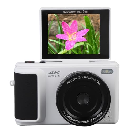 4K 64MP Digitalkamera für Selfie, Autofokus-Vlogging-Kamera, mit 16-fachem Digitalzoom, Blitz, 2,8-Zoll-180°-Klappbildschirm, Kompakte Retro-Kamera (White) von Plyisty