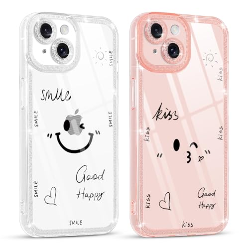 Pnakqil 2 Stück Glitzer Handyhülle für Apple iPhone 15 6.1", Transparent Klare Weiche Silikon TPU Glitzer Hülle Damen Anti-Rutsch Schutzhülle Bumper Case Modell Lächelndes von Pnakqil