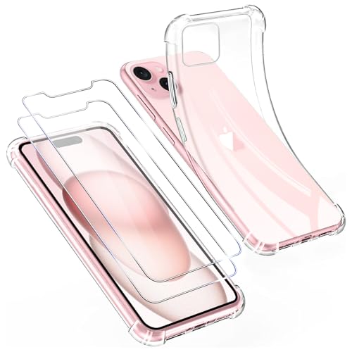 Pnakqil für iPhone 15 Hülle Durchsichtig + 2 Stück Schutzfolie,Dünn Transparent Stoßfest Weiche Silikon Handyhülle für Jungs und Frauen, Sturzfest Schutzhüllen - Clear von Pnakqil