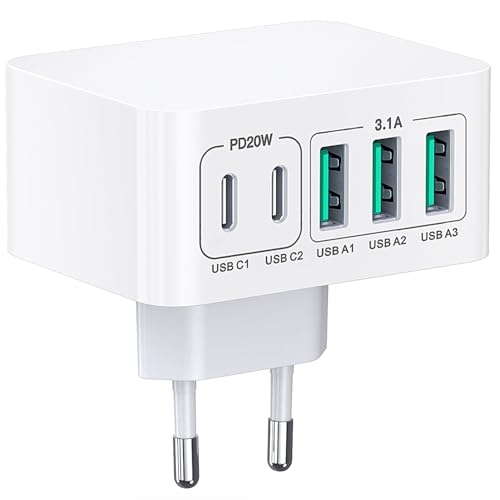 50W USB C Stecker, 5-Port Schnellladegerät Stecker Adapter EU, PD+QC Netzteil Ladegerät Box Brick, Typ C Lade Stecker Hub für iPhone 15 14 13 12 11 Pro Max XS XR SE, Samsung, iPad, AirPods von Poiget