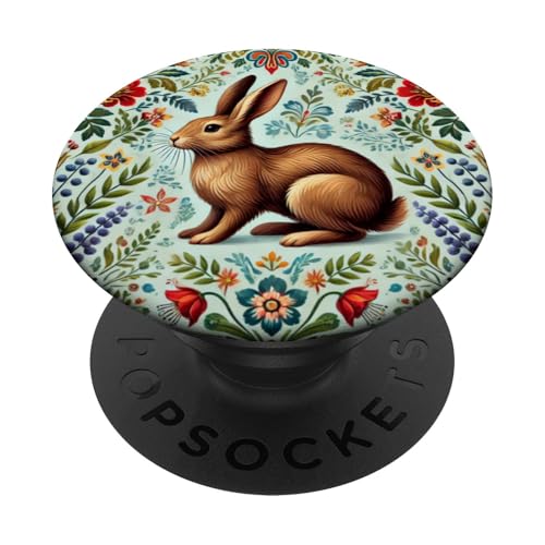 Braunes Kaninchen, lebendiges florales polnisches Volkskunst-Muster PopSockets Klebender PopGrip von Polish Folk Florals