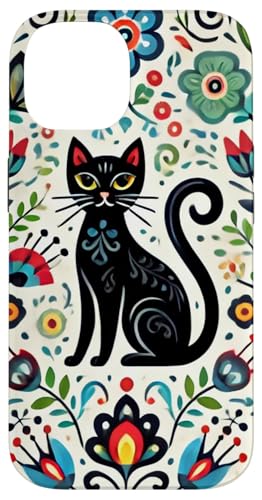 Hülle für iPhone 14 Buntes florales polnisches Volkskunstmuster, schwarze Katze von Polish Folk Florals