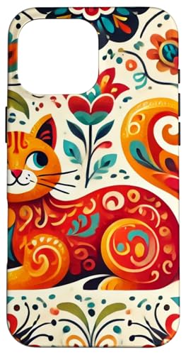 Hülle für iPhone 16 Pro Max Orange Cat Floral Polnische Volkskunst von Polish Folk Florals