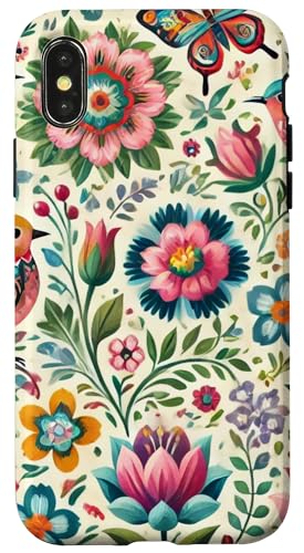 Hülle für iPhone X/XS Vögel Schmetterlinge Blumen Frühling Polnisch Volkskunst Wycinanki von Polish Folk Florals