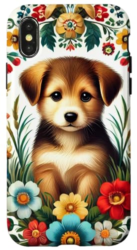 Hülle für iPhone X/XS Welpen-Hundeliebhaber, buntes polnisches Volkskunst-Muster, Wycinanki von Polish Folk Florals