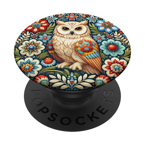 Polnische Volkskunstmuster mit Eule und Sternenhimmel, Wycinanki PopSockets Klebender PopGrip von Polish Folk Florals