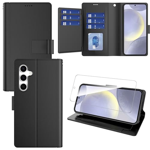 Pollachi Klapphülle für Samsung Galaxy S25 Plus 5G Hülle mit 1 Stück Panzerglas,Samsung S25 Plus 5G Handyhülle Leder Wallet Stoßfeste Tasche[9 Kartenfach][Standfunktion](Schwarz) von Pollachi