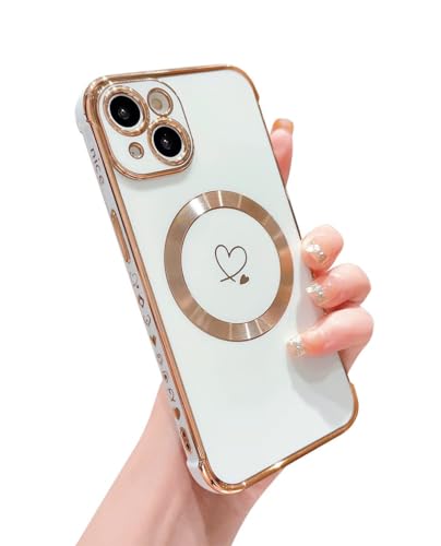 Ponnky Kompatibel mit Magsafe iPhone 15 Hülle, Luxusbeschichtung Niedliches Herz mit Magnetischem Drahtlosem Lade-Design, Weiche TPU Stoßfeste Stoßstange Handyhülle für iPhone 15 6,1 Zoll (Weiß) von Ponnky