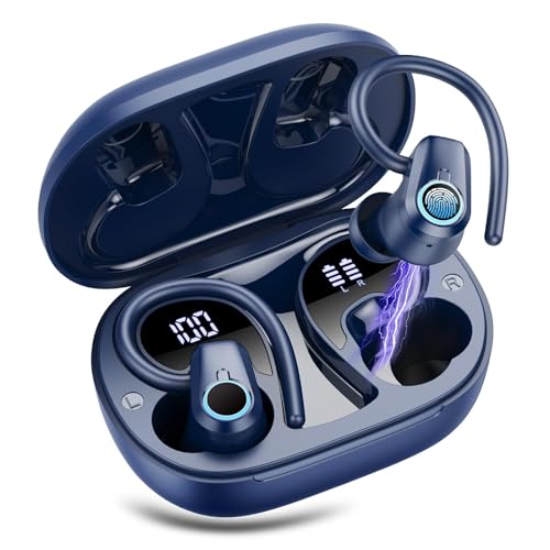 Bluetooth Kopfhörer Sport, In Ear Kopfhörer Kabellos Bluetooth 5.3, 50Std Ultraleicht Earbuds mit Bügel, Noise Cancelling Ohrhörer Bluetooth, HiFi Stereo, LED Anzeige, IP7 Wasserdicht Joggen, Blau von Poounur