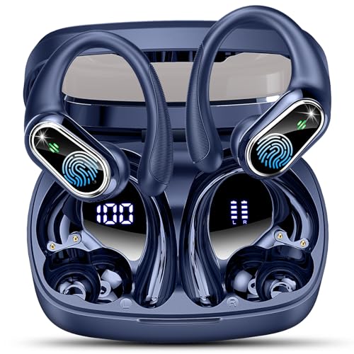 Bluetooth Kopfhörer Sport, In Ear Kopfhörer Kabellos Bluetooth 5.3 mit HD Mic, Herausragender Sound, 50Std HiFi Stereo Kabellose Kopfhörer, 2024 Noise Cancelling Ohrhörer, IP7 Wasserdicht LED Blau von Poounur