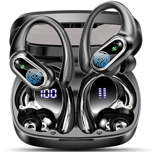 Bluetooth Kopfhörer Sport, Kopfhörer Kabellos Bluetooth 5.3 mit 4 ENC Mic, klare Klangqualität, 50Std HiFi Stereo In Ear Kopfhörer mit Dual LED-Anzeige, IP7 Wasserdichte Ohrhörer mit Ohrhaken (2024) von Poounur