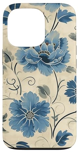 Hülle für iPhone 13 Pro Vintage Blue Floral auf beigem Hintergrund von PopTrend Designs