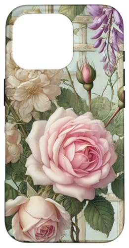 Hülle für iPhone 16 Pro Vintage Rosen und Glyzinien auf Holzzaun von PopTrend Designs