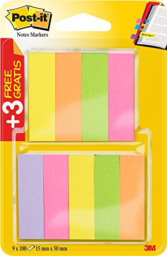 Post-it 670-6+3 Haftstreifen Page Marker (schmal, 15 x 50 mm) 9 x 100 Blatt, neonpink/-grün/-gelb/-orange/-violett von Post-it