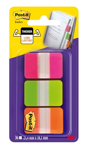 Post-it Haftstreifen Index Strong - 36 Haftstreifen 25,4 mm x 38,1 mm - Farben: Orange, Pink, Grün - Extrastarke Haftstreifen für Dokumente und Informationen von Post-it