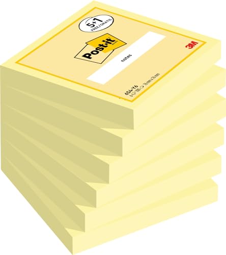 Post-it Kanariengelb, Vorteilspackung, Packung mit 5 Blöcken + 1 Gratisblock, 100 Blatt pro Block, 76 mm x 76 mm, Farbe: Gelb - Selbstklebende Notizzettel für Notizen, To-Do-Listen und Erinnerungen von Post-it