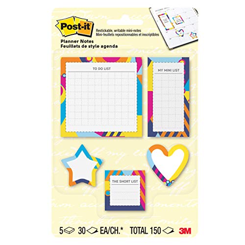 Post-it Notes Planner Sticky Notes, to Do List, Mini List, Short List and Shapes, 5 Pads, 30 Sheets/Pad, Optimistic Brights von Post-it