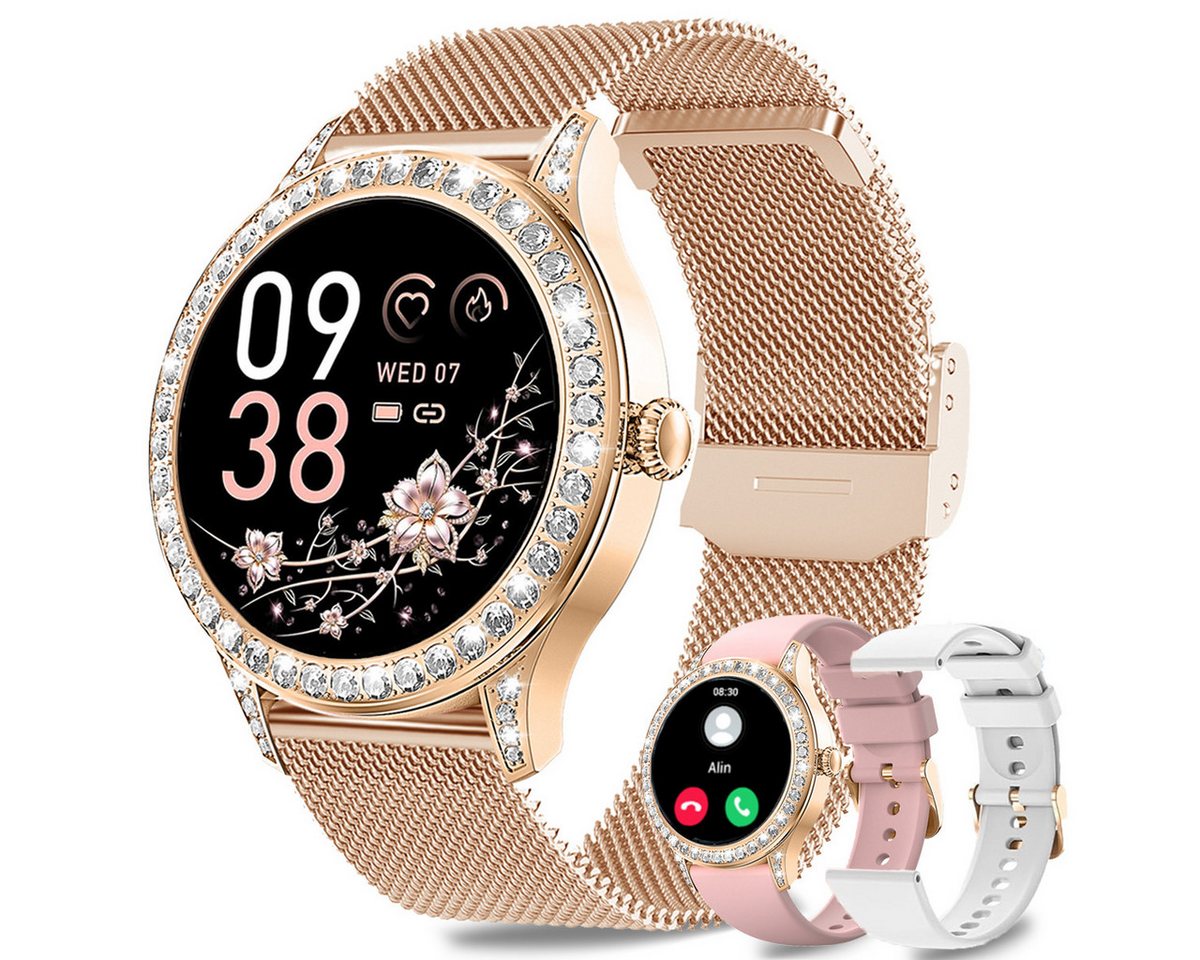 Powerwill Smartwatch Damen mit Telefonfunktion Smartwatch (1,.27 Zoll) Fitnessuhr Tracker, 24/7 Pulsuhr Schrittzähler, SpO2 Menstruationszyklus, IP68 Wasserdicht Sportuhr iOS Android von Powerwill