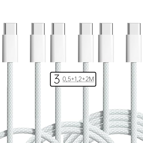 Powice 60W USB C Kabel [3X 0,5M 1,2M 2M], Ladekabel USB C Set, USB C Ladekabel, USB C auf USB C Kabel, USB C Kabel 1M für iPhone 16/15 Samsung S23/S22/S21 Andere USBC Schnittstellengeräte von Powice