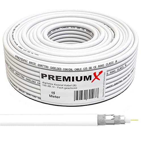 Premium X 15m BASIC Koaxialkabel 135dB 4-fach CCS Kupfer-Stahl Satelliten Koaxkabel Antennenkabel RG6 Digital SAT TV Kabel von Premium X