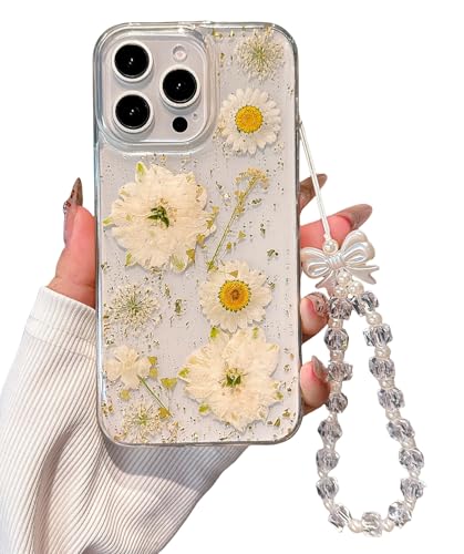 Pretaco Schutzhülle für iPhone 14 Plus, echte Gänseblümchen, weiße Blume und Goldfolie, mit luxuriösem Armband, Handschlaufe, Blumendesign, transparentes weiches TPU für Damen und Mädchen von Pretaco