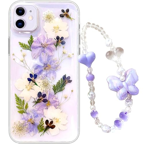 Pretaco Schutzhülle für iPhone 15 Pro, Motiv: violette Blumen, transparent, weiches TPU, flexibel, Gummi, gepresst, echte Blumen, Blau / Weiß von Pretaco