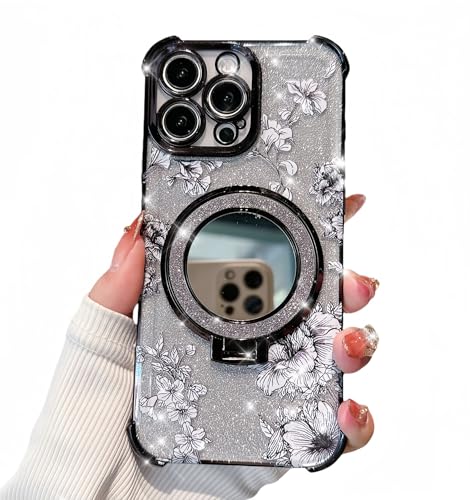 Pretaco Schutzhülle für iPhone 16 Plus, mit Diamant-Spiegel-Ständer, kompatibel mit Magsafe, verstärkter Stoßfänger, glitzerndes Blumendesign, luxuriöser glänzender galvanisierter Rand, für Damen und von Pretaco