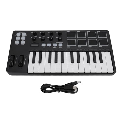 Tragbares MIDI-Keyboard mit 25 Tasten, USB-MIDI-Keyboard-Controller mit DAW-Integration, Akkordmodus, Skalenmodus, 8 Hintergrundbeleuchtete Drum-Pads, Arpeggiator, 8 Knöpfe, von Prevessel