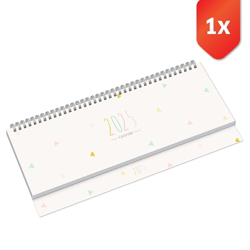 PRIMUS PRINT Tischkalender 2025 Quer Wochenkalender – 112 Seiten Terminkalender und Jahreskalender, – 297x130mm, 75g Naturpapier, Drahtkammbindung, Feiertage und Schulferien - [Einzeln - Herz] von Primus-Print.de