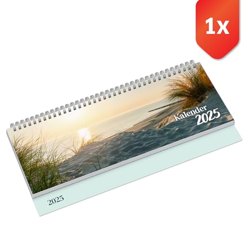 PRIMUS PRINT Tischkalender 2025 Quer Wochenkalender – 112 Seiten Terminkalender und Jahreskalender, – 297x130mm, 75g Naturpapier, Drahtkammbindung, Feiertage und Schulferien - [Einzeln - Strand] von Primus-Print.de