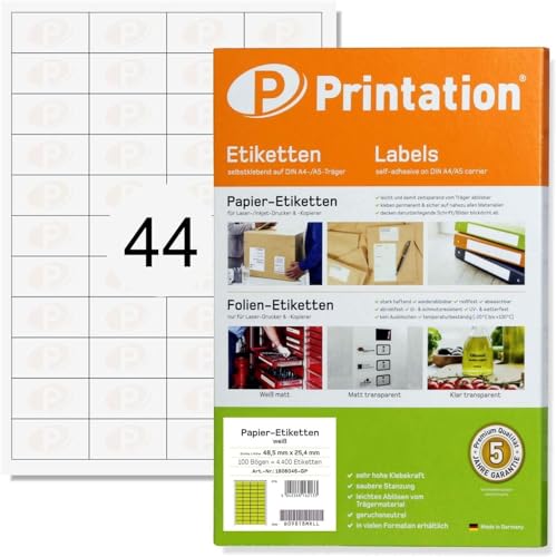 Printation Etiketten selbstklebend 48,5 x 25,4 mm weiß bedruckbar - 1100 Amazon FBA Versand Artikeletiketten 44 pro Blatt - 48,5x25,4 4x11 25 DIN A4 Bogen 48x25 Klebeetiketten/Aufkleber/Haftetiketten von Printation