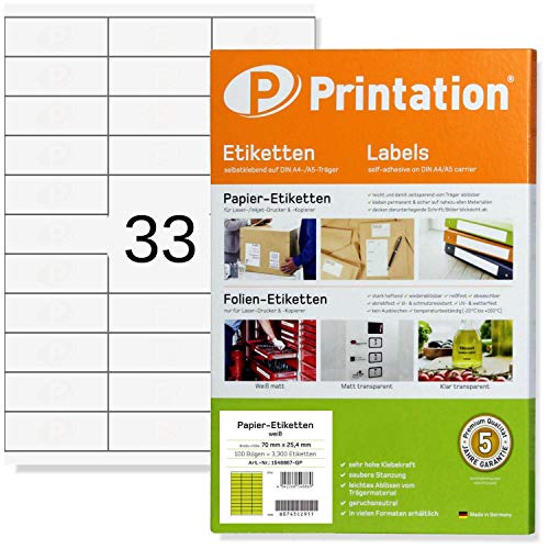 Universal Etiketten für Kennzeichnungen 70 x 25,4 mm klebend weiß 825 Stück 70x25,4 Labels/Sticker auf 25 DIN A4 Bogen 3x11-3421 4455 von Printation