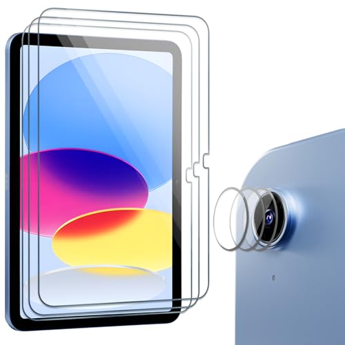 ProCase 3 Stück Schutzfolie für iPad 10. Generation 10,9 Zoll 2022, 9H Gehärtetes Glas mit 3 Stück Kamera Schutz Folie Bildschirm Screen Protector Schutzglas Displayschutzfolie für iPad 10th von ProCase